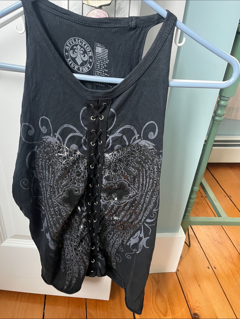 Affliction Black Lace-Up Wing Graphic Tank Sm whimsigoth
